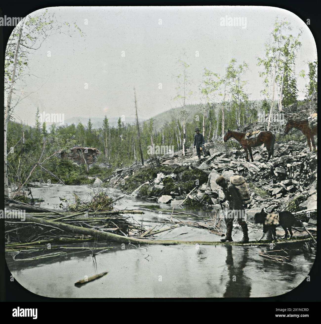 Gold Miners crossing a stream, Bonanza Trail, Yukon., circa 1898. Vintage Canadian Gold Rush Photograph. Stock Photo