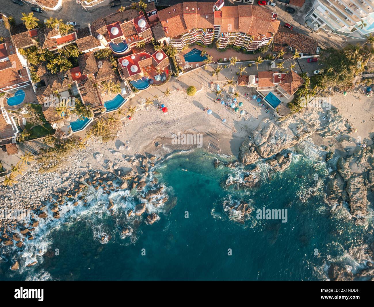 Wide aerial view of Conchas Chinas Beach in Puerto Vallarta Mexico ...