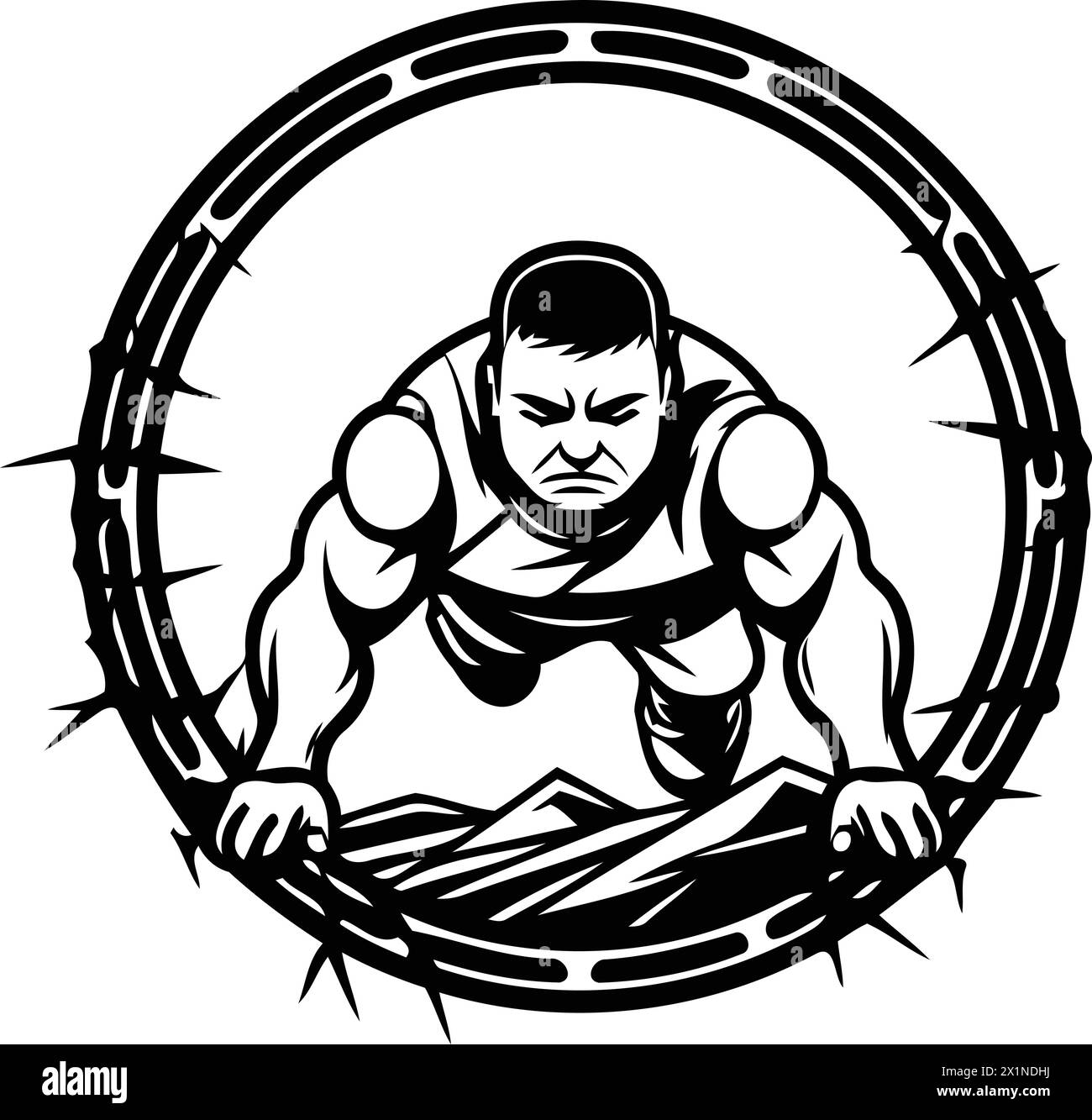 Illustration of a strong man lifting a barbell viewed from the side set inside circle on isolated background done in retro style. Stock Vector