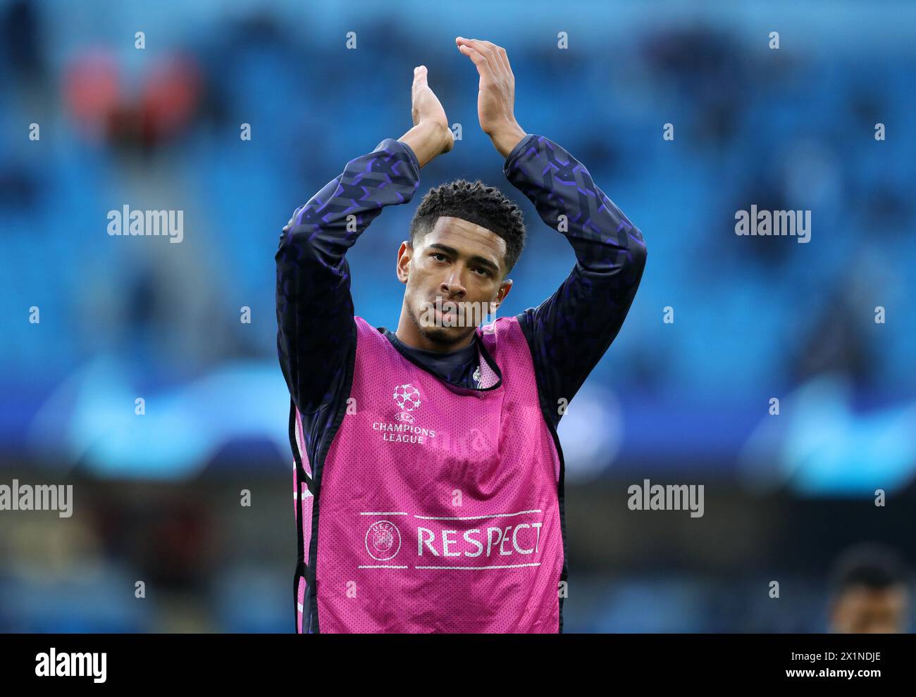 Etihad Stadium, Manchester, UK. 17th Apr, 2024. Champions League Football, Quarter Final, Manchester City versus Real Madrid; Jude Bellingham of Real Madrid applauds the visiting supporters Credit: Action Plus Sports/Alamy Live News Stock Photo