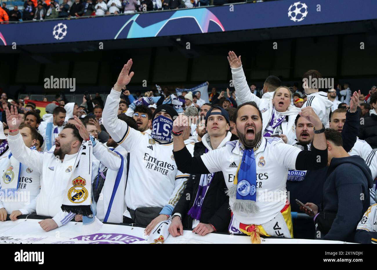 Etihad Stadium, Manchester, UK. 17th Apr, 2024. Champions League Football, Quarter Final, Manchester City versus Real Madrid; Real Madrid fans cheer on their team Credit: Action Plus Sports/Alamy Live News Stock Photo