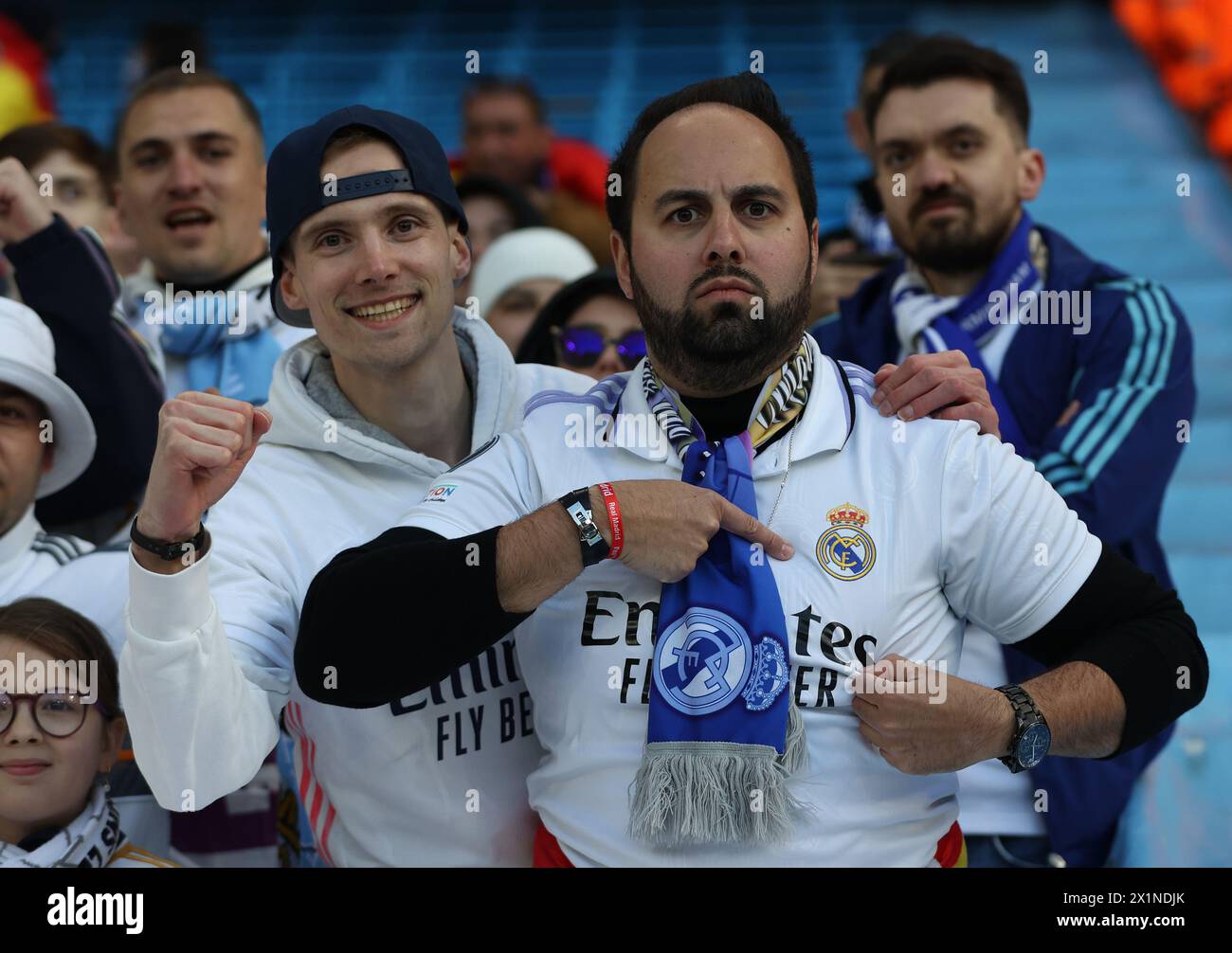 Etihad Stadium, Manchester, UK. 17th Apr, 2024. Champions League Football, Quarter Final, Manchester City versus Real Madrid; Real Madrid supporters pose for a photo before the match Credit: Action Plus Sports/Alamy Live News Stock Photo