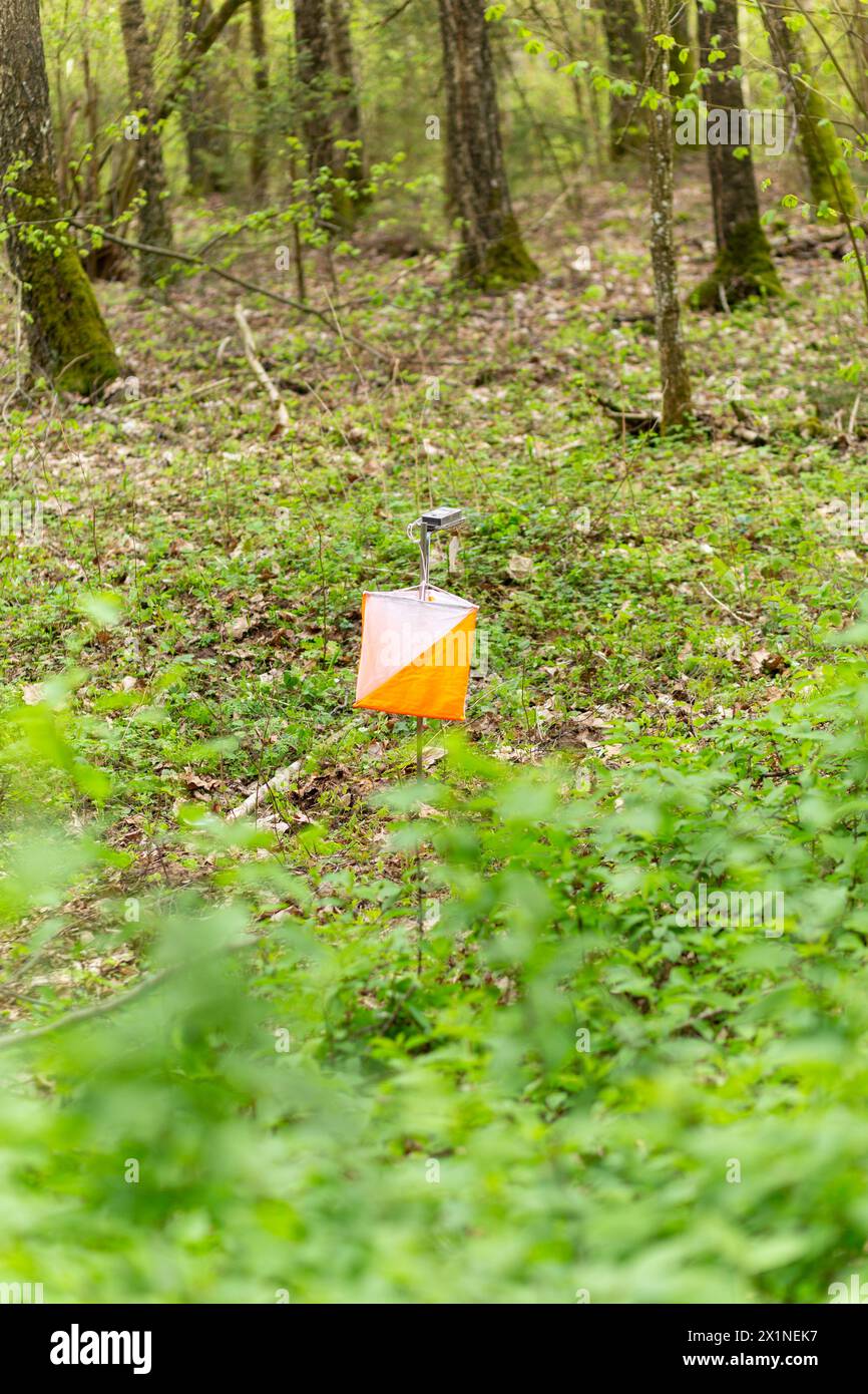 Orienteering. Control point Prism and electric composter for orienteering in the spring forest. Navigation equipment. The concept Stock Photo
