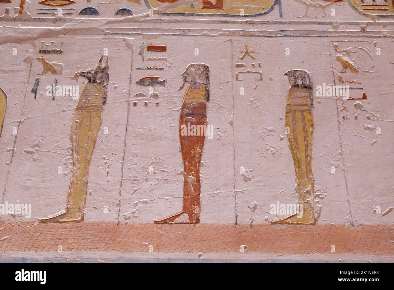 Hieroglyphic symbols,Anubis, Ptah, Horus inside  Tomb of Rameses IV, KV2, Valley of the Kings, Luxor, Egypt Stock Photo