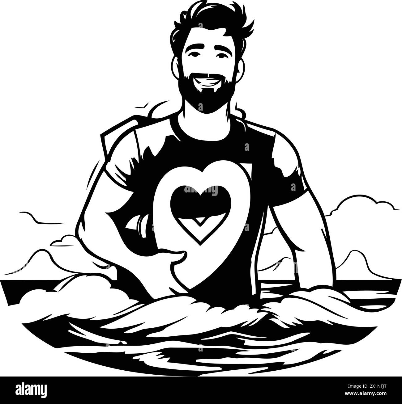 Bearded man with a heart on a surfboard. Vector illustration Stock Vector