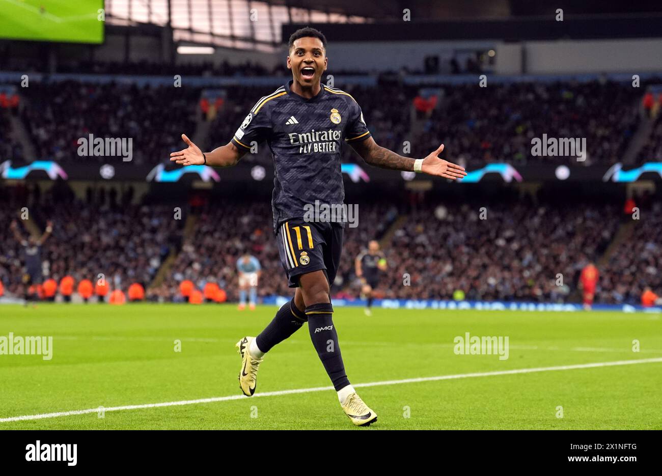 April 17, 2024 Rodrygo of Real Madrid celebrates with VinÃcius
