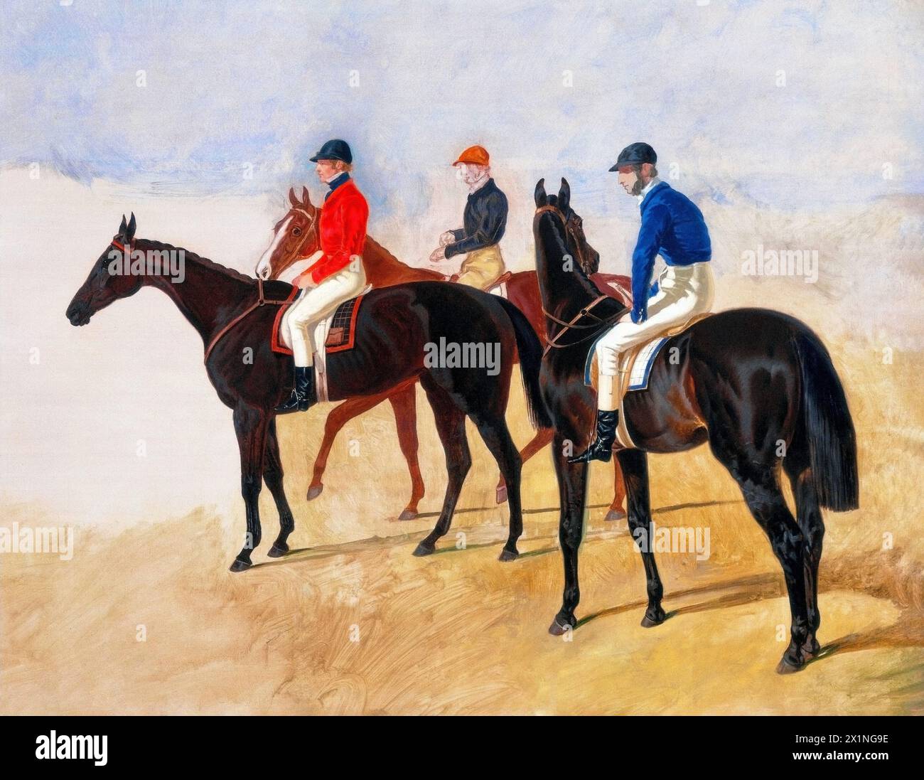 Steeplechase cracks: Allen McDonough on Brunette, Tom Oliver on Discount, and Jem Mason on Lottery (before 1847) painting in high resolution by John F Stock Photo