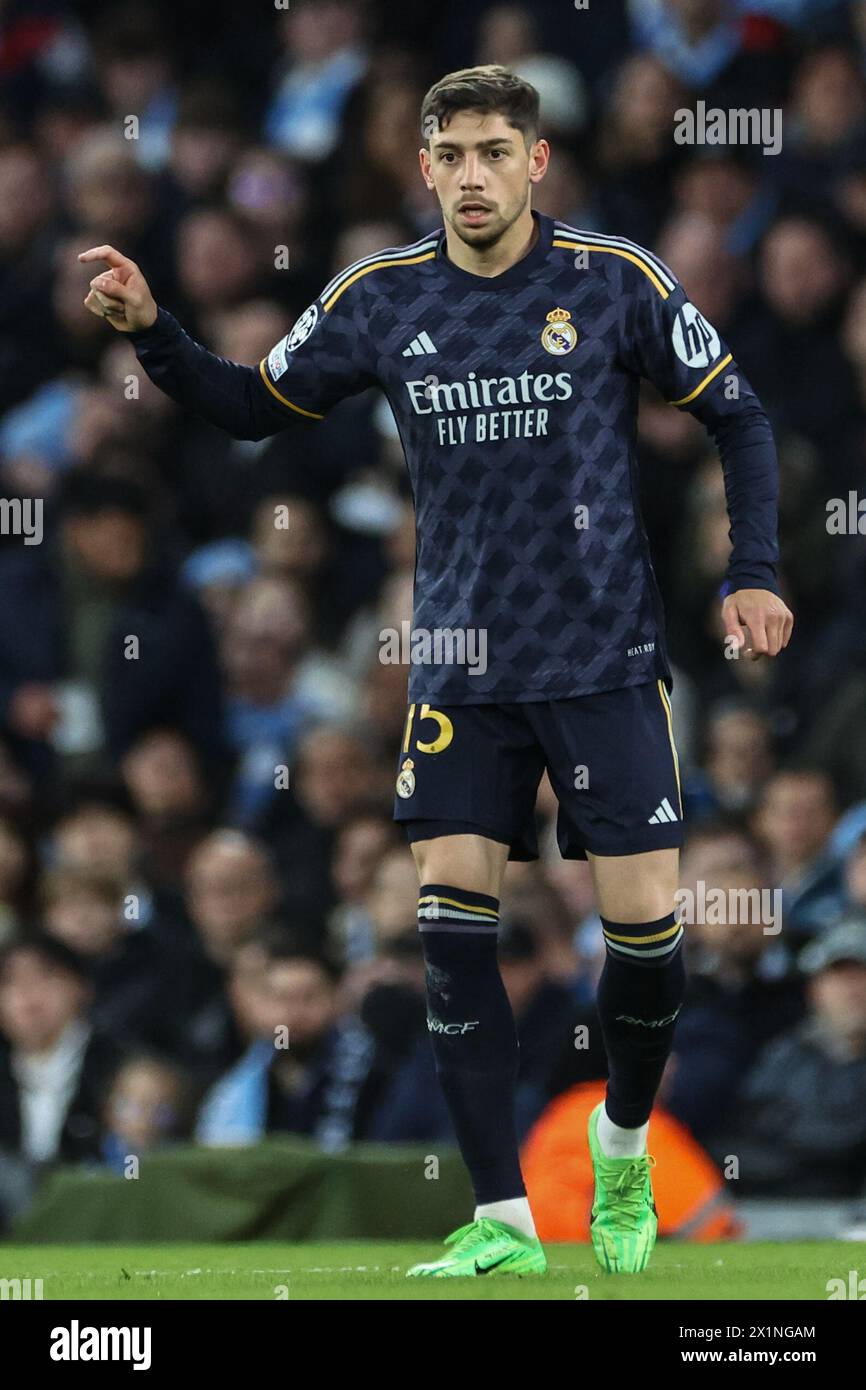 Federico Valverde of Real Madrid gives his team instructions during the UEFA Champions League Quarter Final Manchester City vs Real Madrid at Etihad Stadium, Manchester, United Kingdom, 17th April 2024  (Photo by Mark Cosgrove/News Images) Stock Photo