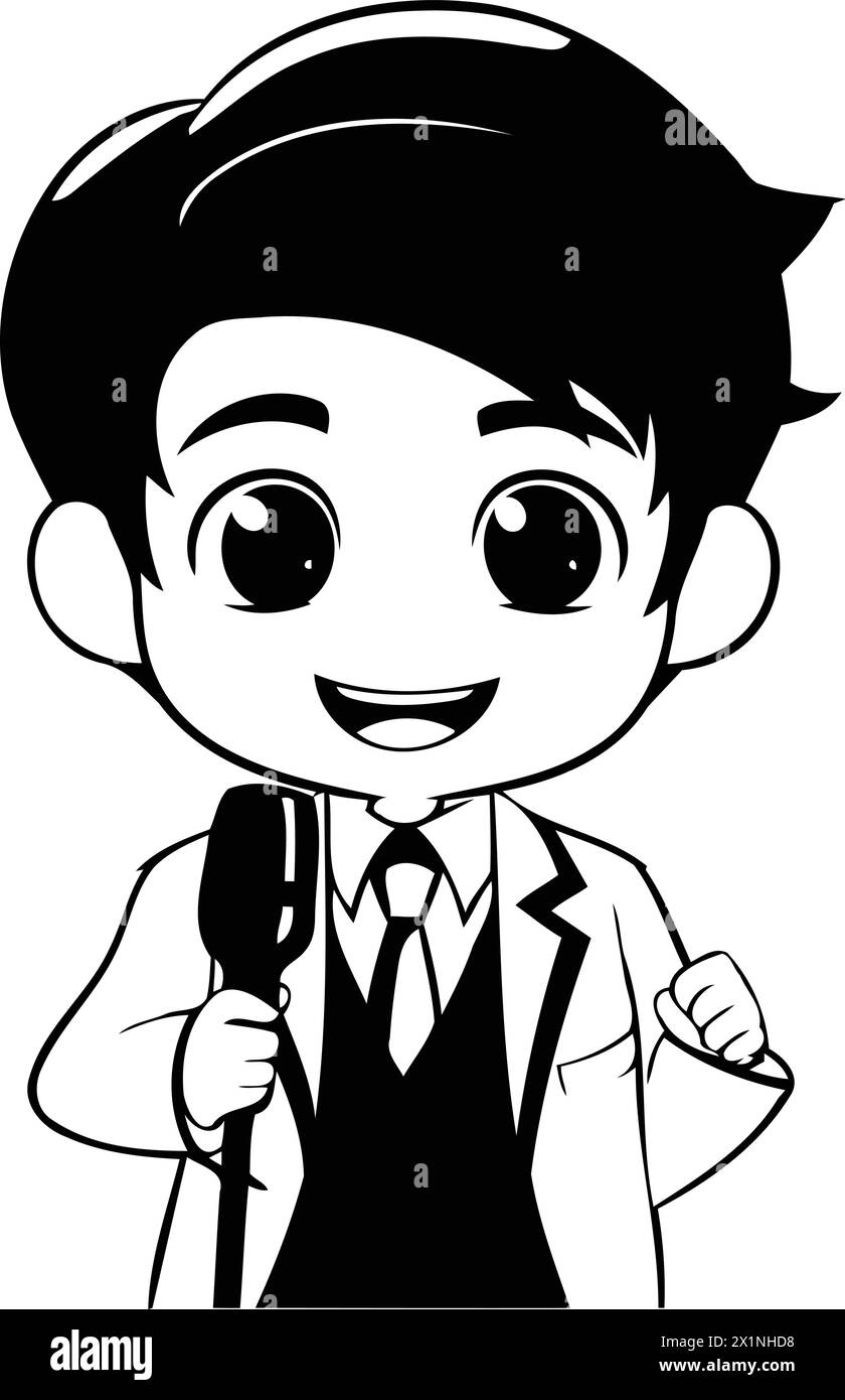 Cute boy in a white coat holding a microphone. Vector illustration