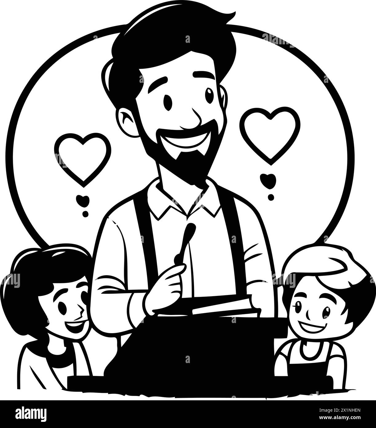 Father and children using typewriter. Vector illustration in cartoon style. Stock Vector