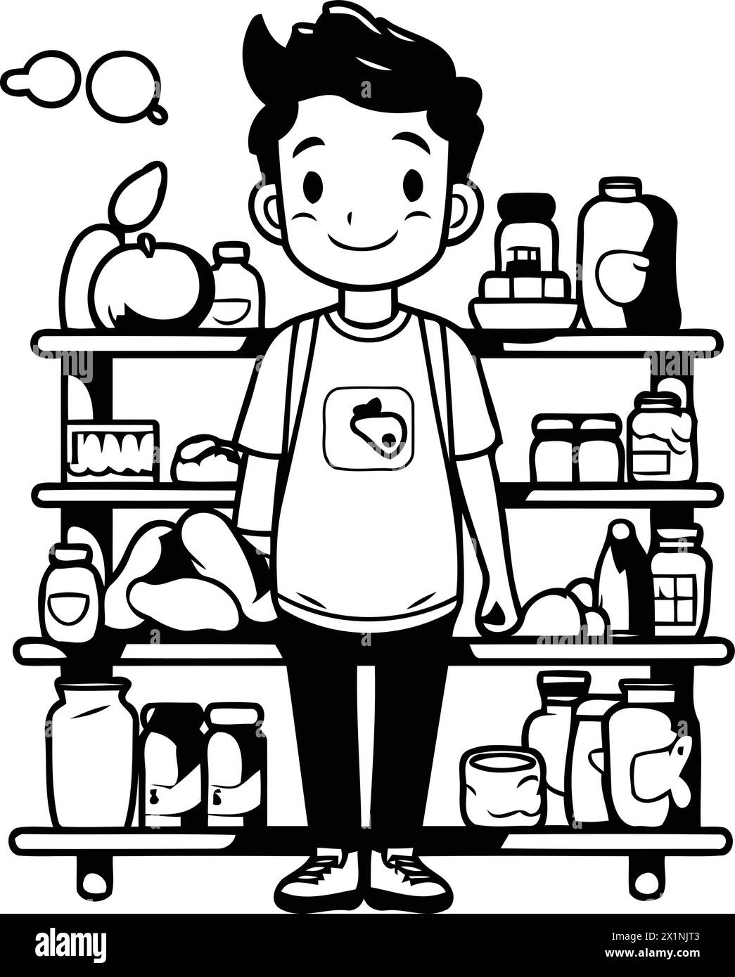 Illustration of a young man standing in front of shelves full of food ...