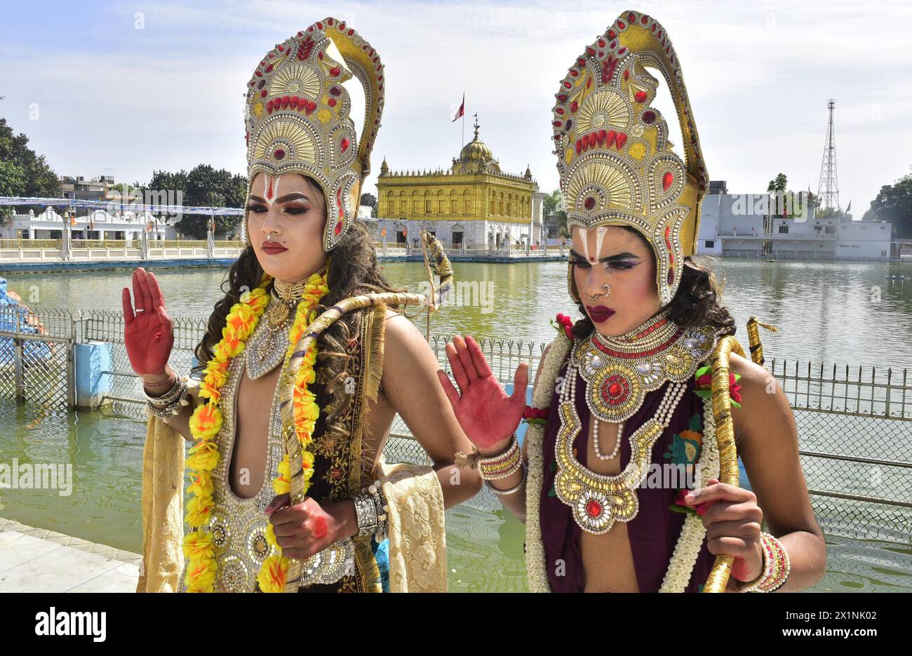 AMRITSAR, INDIA - APRIL 17: Devotees dressed as Hindu deities Rama (L) and Laxman (R) participate in a religious procession on the occasion of the Ram Navami at Durgiana Temple on April 17, 2024 in Amritsar, India. (Photo by Sameer Sehgal/Hindustan Times/Sipa USA) Stock Photo