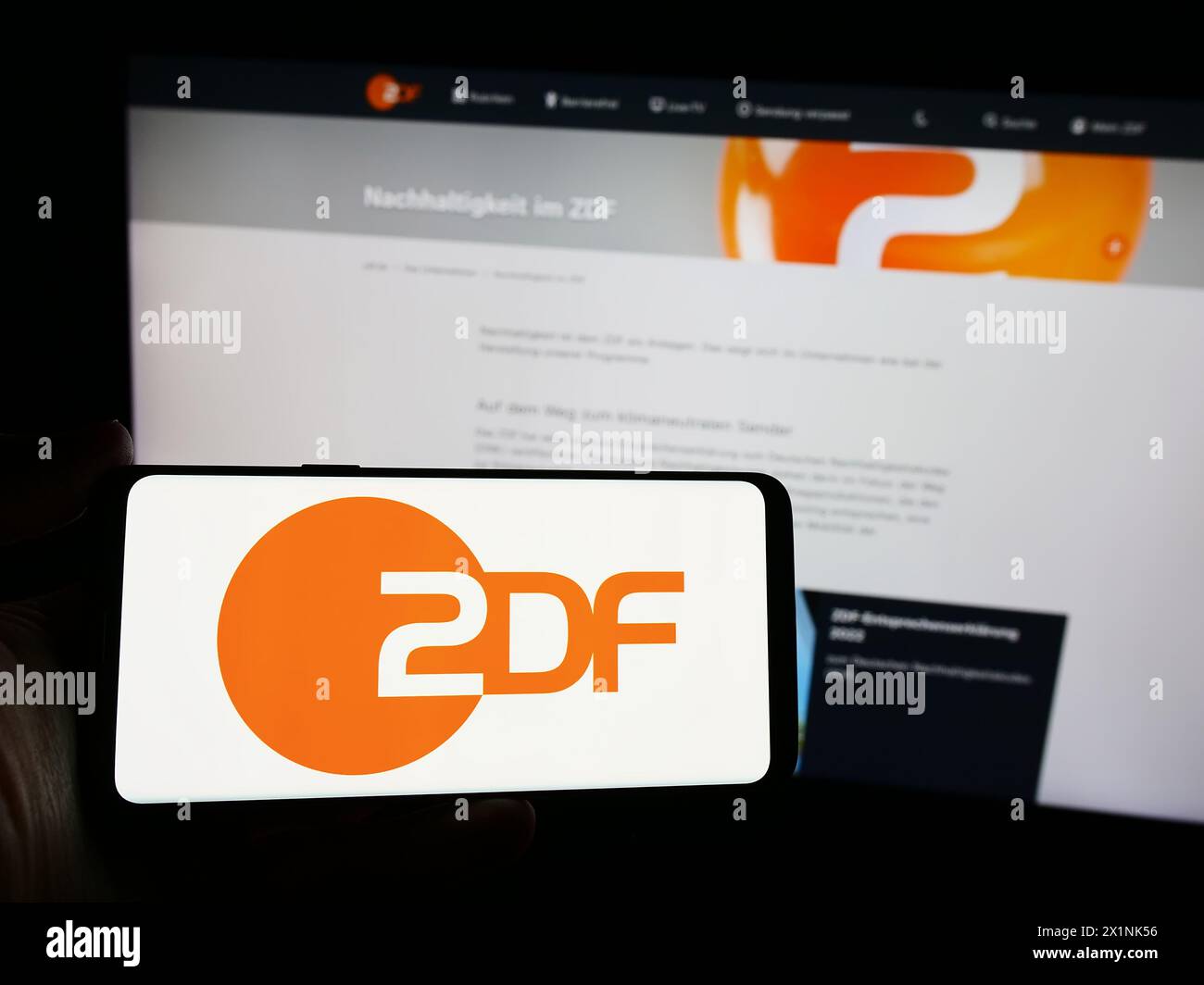 Person holding smartphone with logo of television broadcaster Zweites Deutsches Fernsehen (ZDF) in front of website. Focus on phone display. Stock Photo