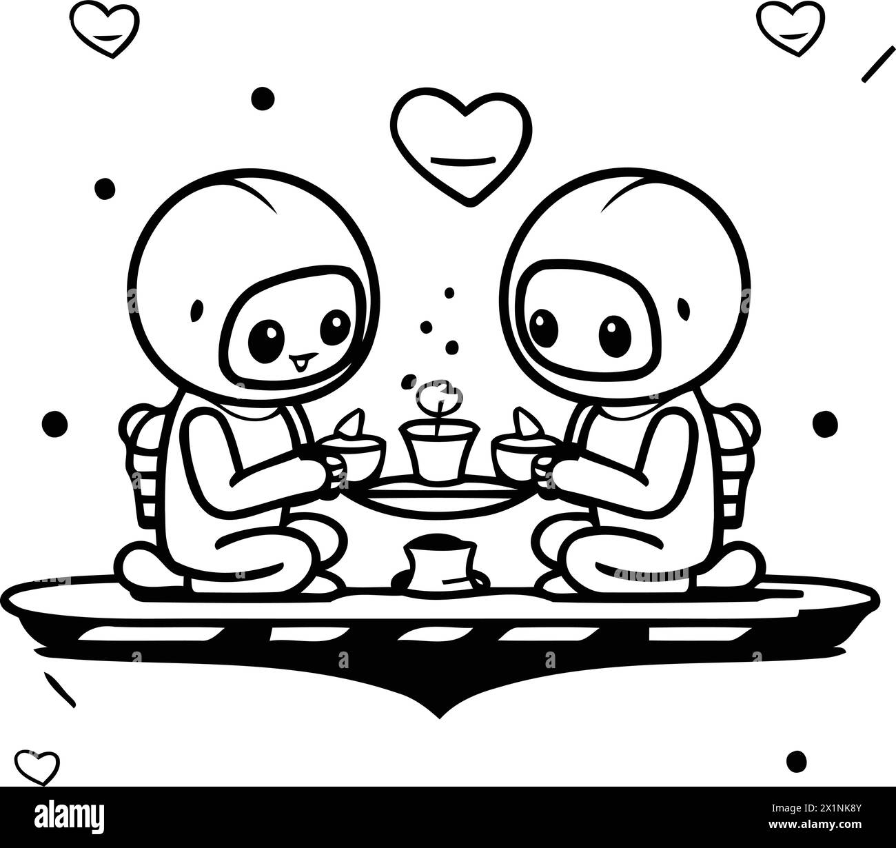 Couple of astronauts in love sitting in cafe. Vector illustration. Stock Vector