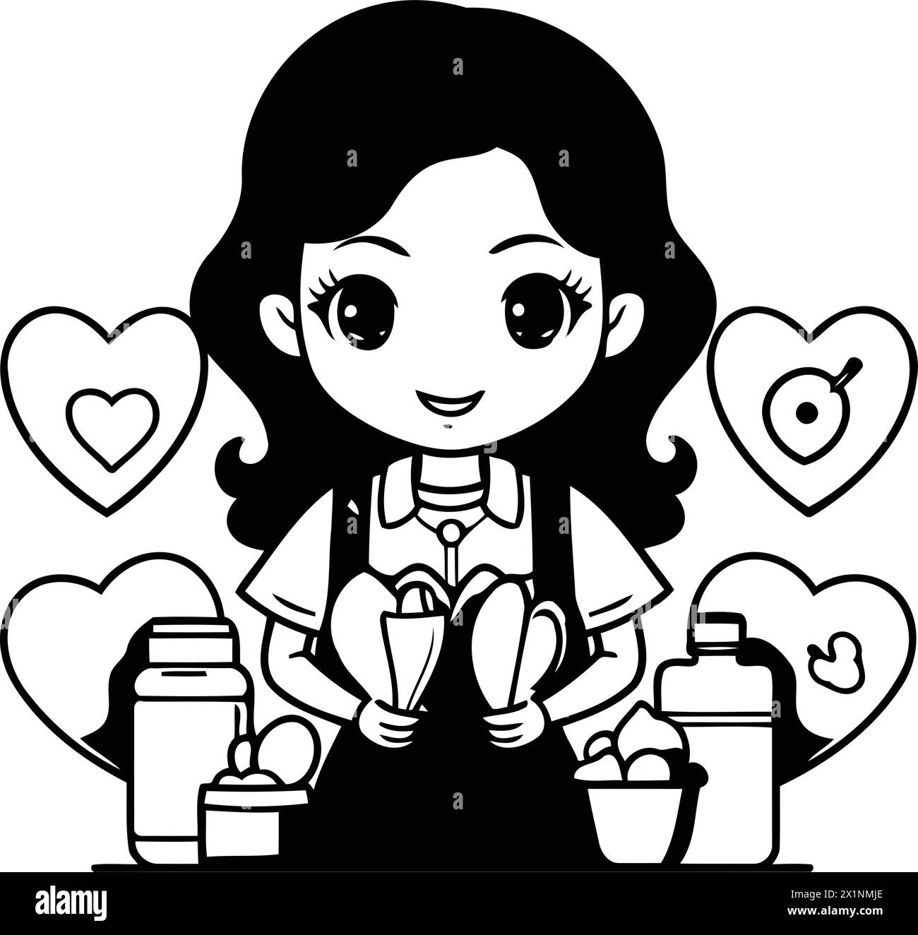 Cute girl with heart and bottle of water. Vector illustration. Stock Vector