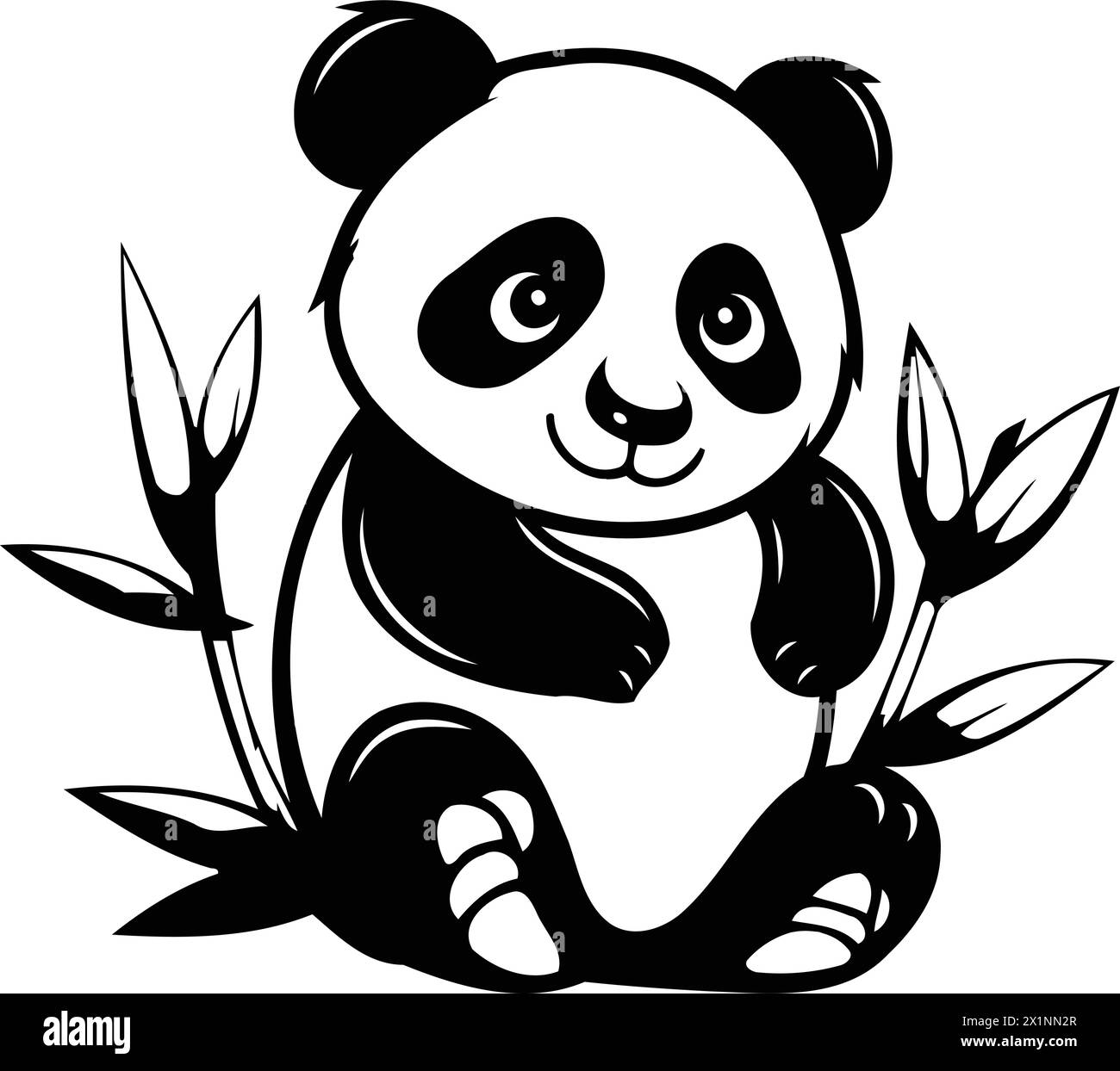 Cute panda sitting on the green bamboo leaves. Vector illustration Stock Vector