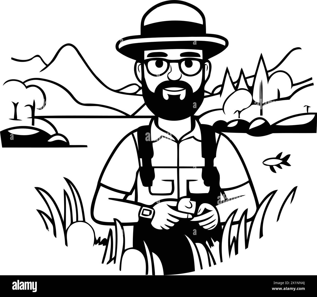 Fisherman with a beard in a hat and glasses on a background of nature. Vector illustration Stock Vector