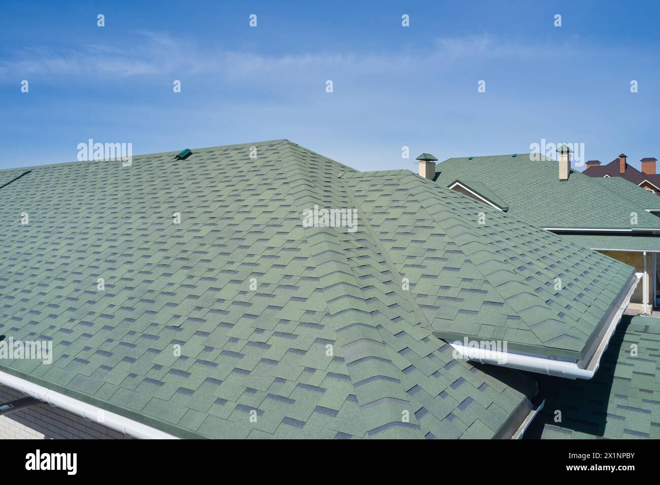 Roof of the house made of soft tiles aerial view. Stock Photo