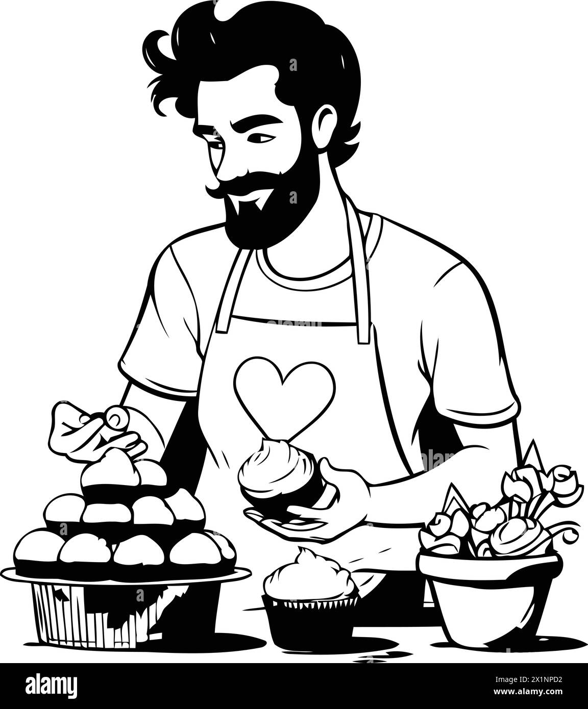 Handsome man with beard cooking cupcakes. Vector illustration in ...