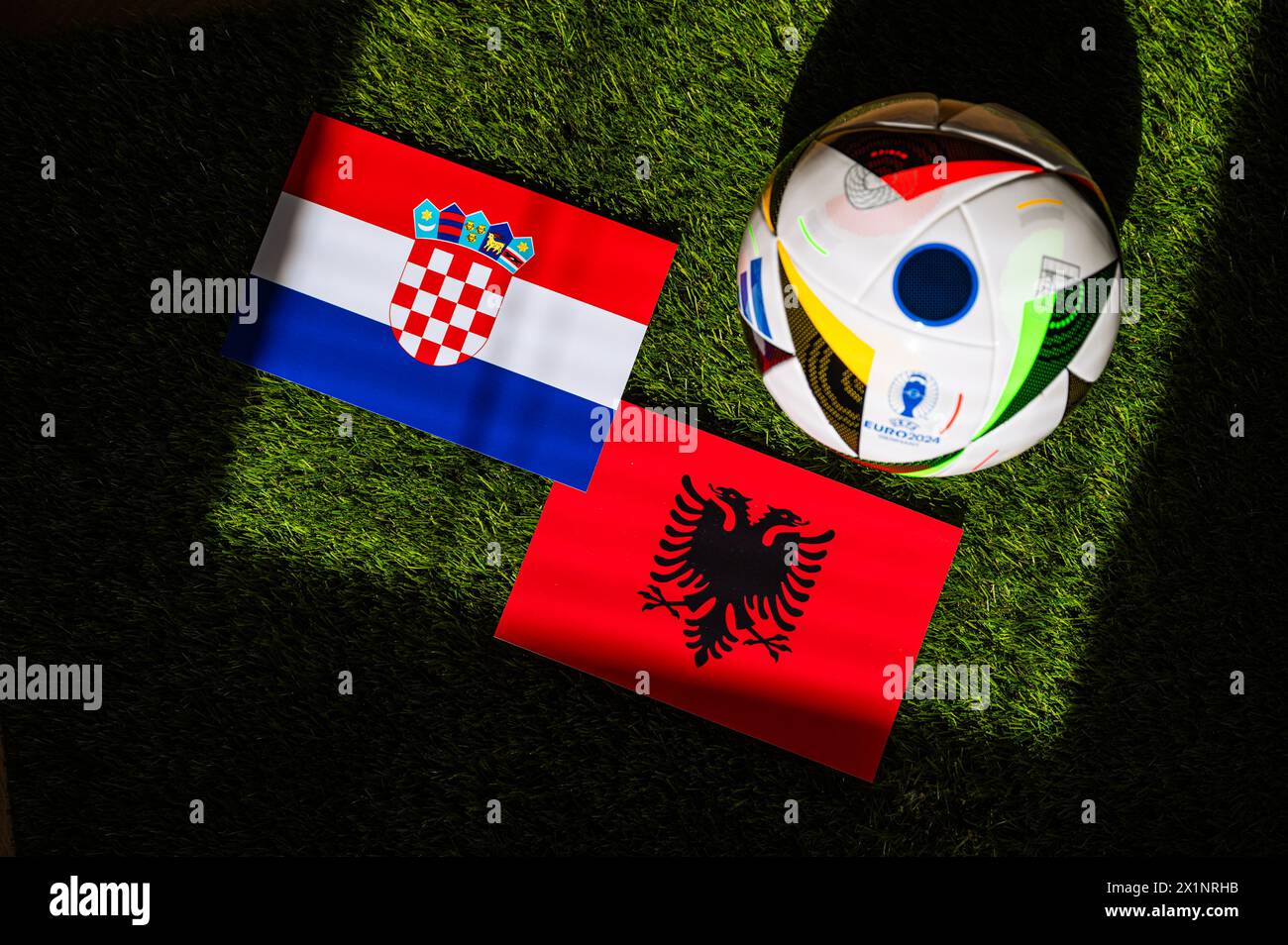 MUNICH, GERMANY, APRIL 17, 2024: Croatia vs Albania, Euro 2024 Group B football match at Volksparkstadion, Hamburg, 19 June 2024, official ball on gre Stock Photo