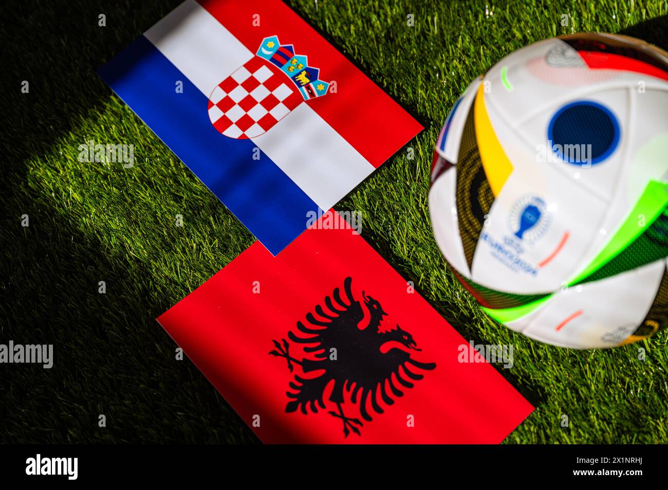 BERLIN, GERMANY, APRIL 17, 2024: Croatia vs Albania, Euro 2024 Group B football match at Volksparkstadion, Hamburg, 19 June 2024, official ball on gre Stock Photo