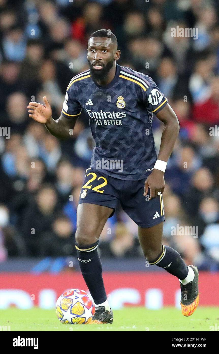 Etihad Stadium, Manchester, UK. 17th Apr, 2024. Champions League Football, Quarter Final, Manchester City versus Real Madrid; Antonio Rudiger of Real Madrid runs with the ball Credit: Action Plus Sports/Alamy Live News Stock Photo