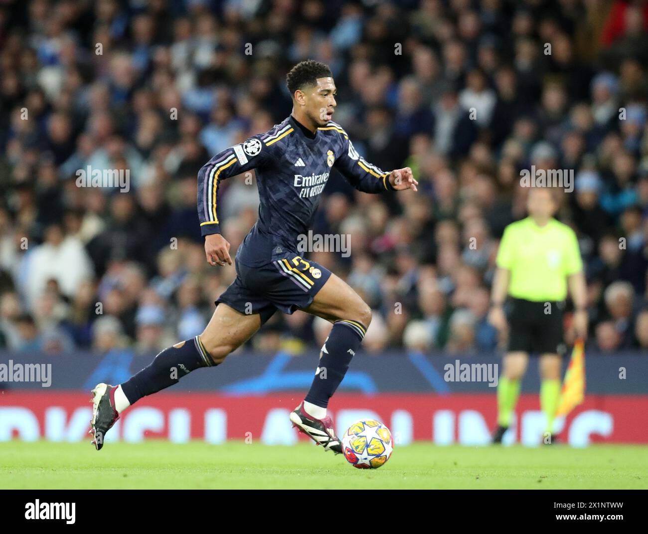 Etihad Stadium, Manchester, UK. 17th Apr, 2024. Champions League Football, Quarter Final, Manchester City versus Real Madrid; Jude Bellingham of Real Madrid runs with the ball Credit: Action Plus Sports/Alamy Live News Stock Photo