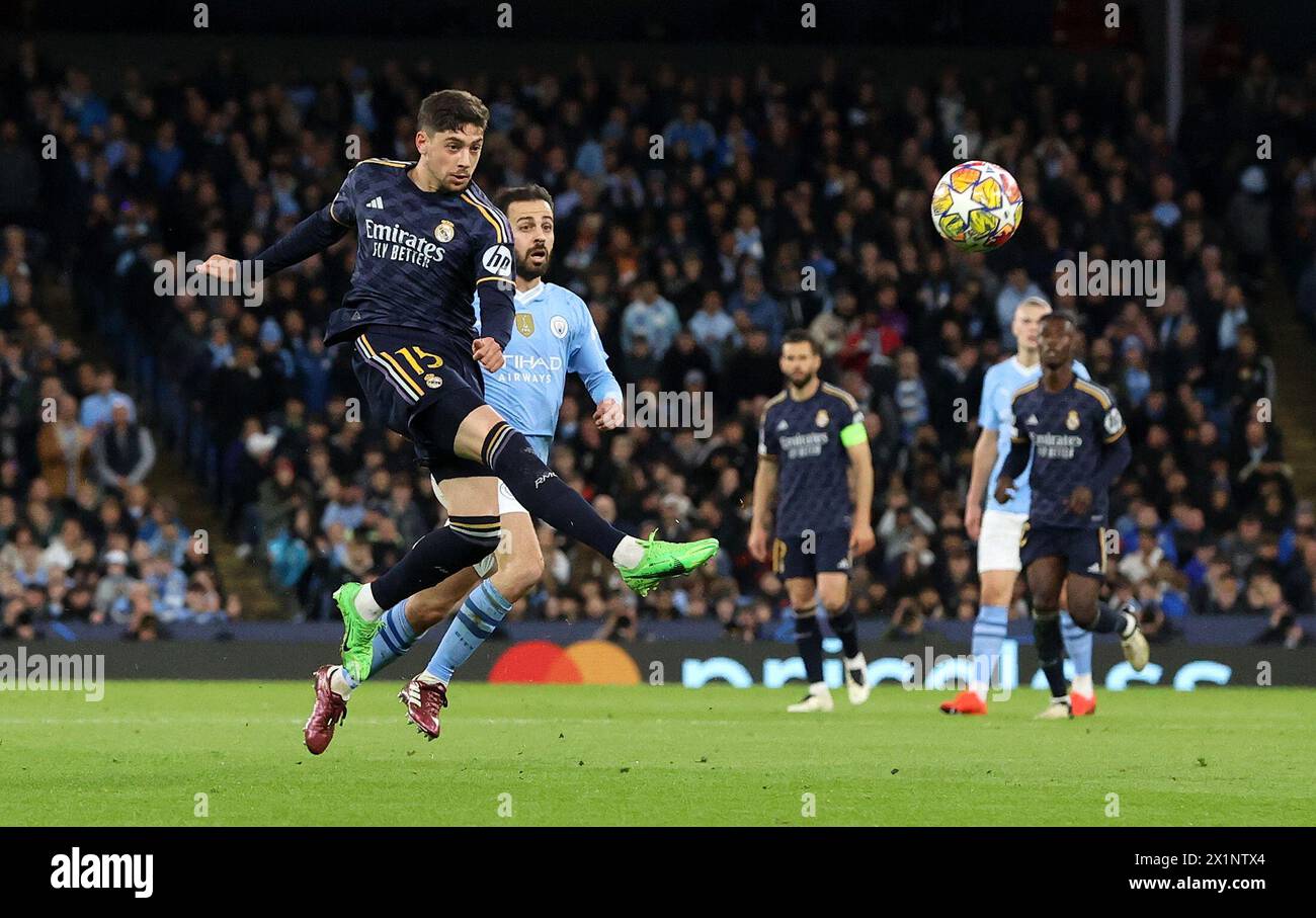 Etihad Stadium, Manchester, UK. 17th Apr, 2024. Champions League Football, Quarter Final, Manchester City versus Real Madrid; Federico Valverde of Real Madrid volleys a shot at goal Credit: Action Plus Sports/Alamy Live News Stock Photo