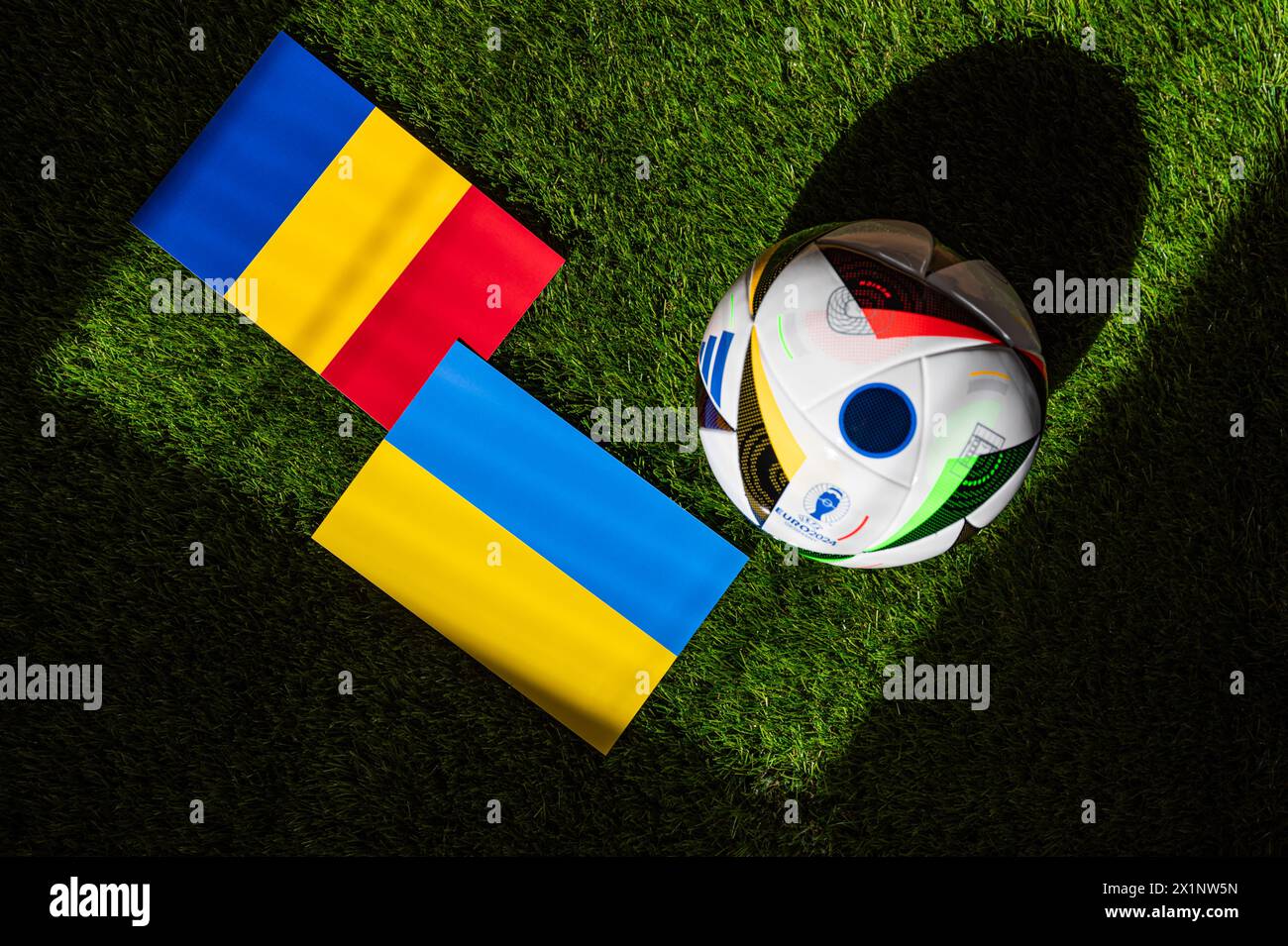 LEIPZIG, GERMANY, APRIL 17, 2024: Romania vs Ukraine, Euro 2024 Group E football match at Munich Football Arena, Munich, 17 June 2024, official ball o Stock Photo