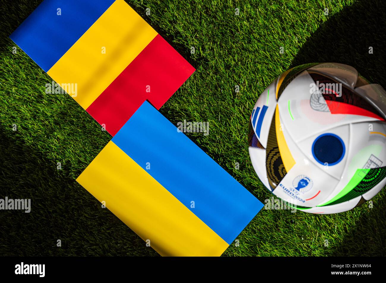 BERLIN, GERMANY, APRIL 17, 2024: Romania vs Ukraine, Euro 2024 Group E football match at Munich Football Arena, Munich, 17 June 2024, official ball on Stock Photo