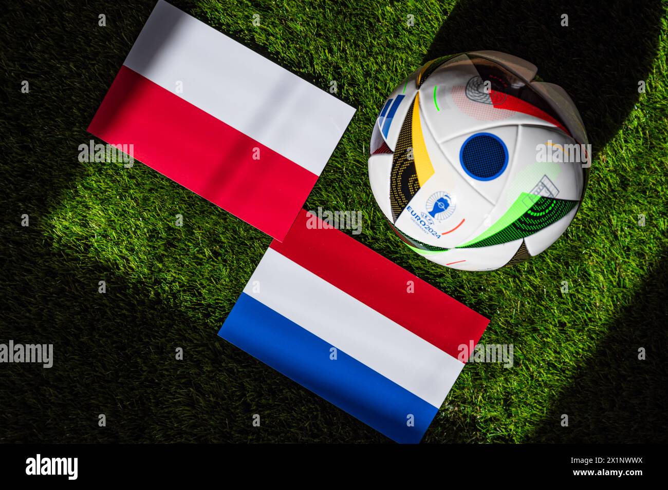 LEIPZIG, GERMANY, APRIL 17, 2024: Poland vs Netherlands, Euro 2024 Group D football match at Volksparkstadion, Hamburg, 16 June 2024, official ball on Stock Photo