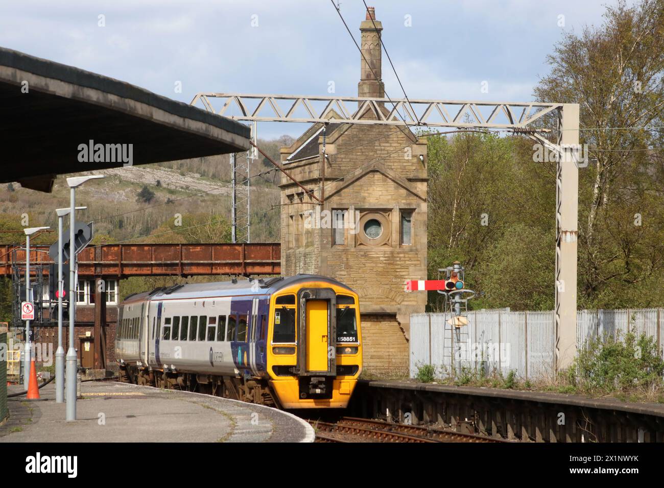 Norther trains class 158 express sprinter diesel multiple-unit entering platform 1 at Carnforth railway station on 17th April 2024. Stock Photo