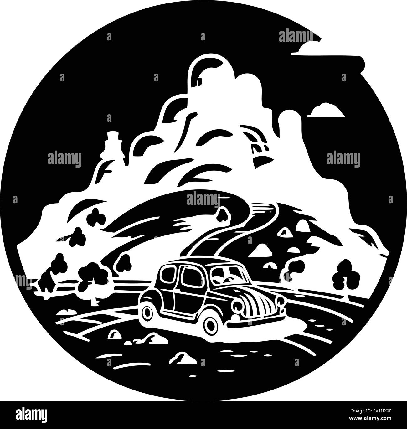 Car on the road in the mountains. Colorful vector illustration in retro style Stock Vector