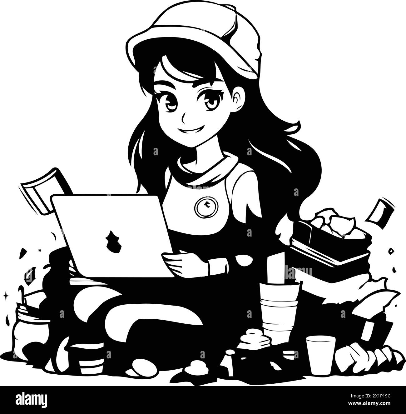 Vector illustration of a girl in a military uniform with a laptop. Stock Vector
