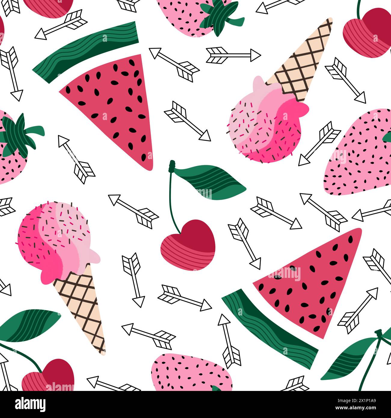 Summer fruit print cartoon seamless watermelon and cherry and ice cream ...