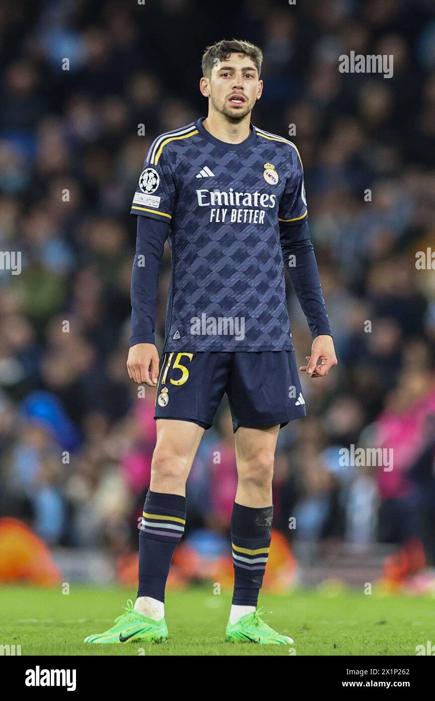 Federico Valverde of Real Madrid during the UEFA Champions League Quarter Final Manchester City vs Real Madrid at Etihad Stadium, Manchester, United Kingdom, 17th April 2024  (Photo by Mark Cosgrove/News Images) Stock Photo