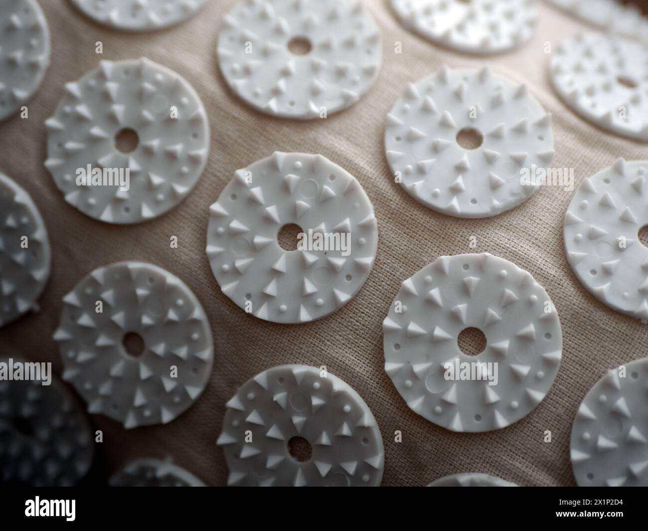 Special device with spikes that applied to the painful area, close up. Concept of alternative medicine, acupressure, relaxation Stock Photo