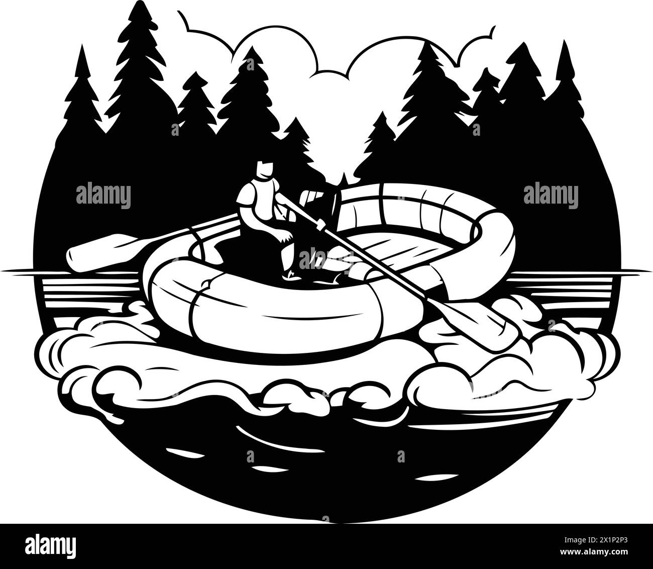 Vector illustration of a woman paddling in an inflatable boat. Stock Vector