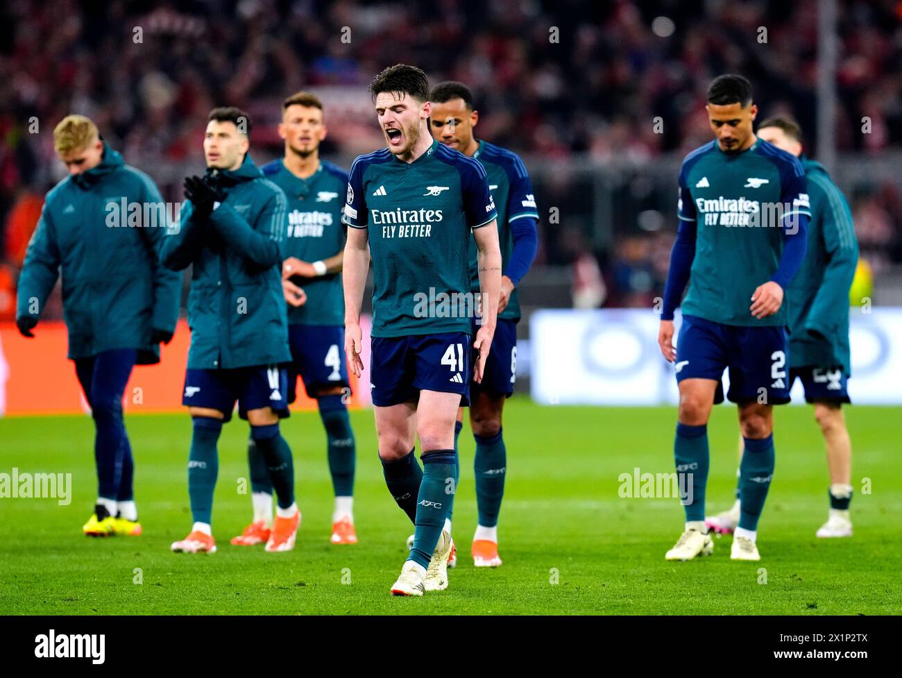Arsenal's Declan Rice reacts at the end of the UEFA Champions League quarter-final, second leg match at the Allianz Arena, Munich. Picture date: Wednesday April 17, 2024. Stock Photo