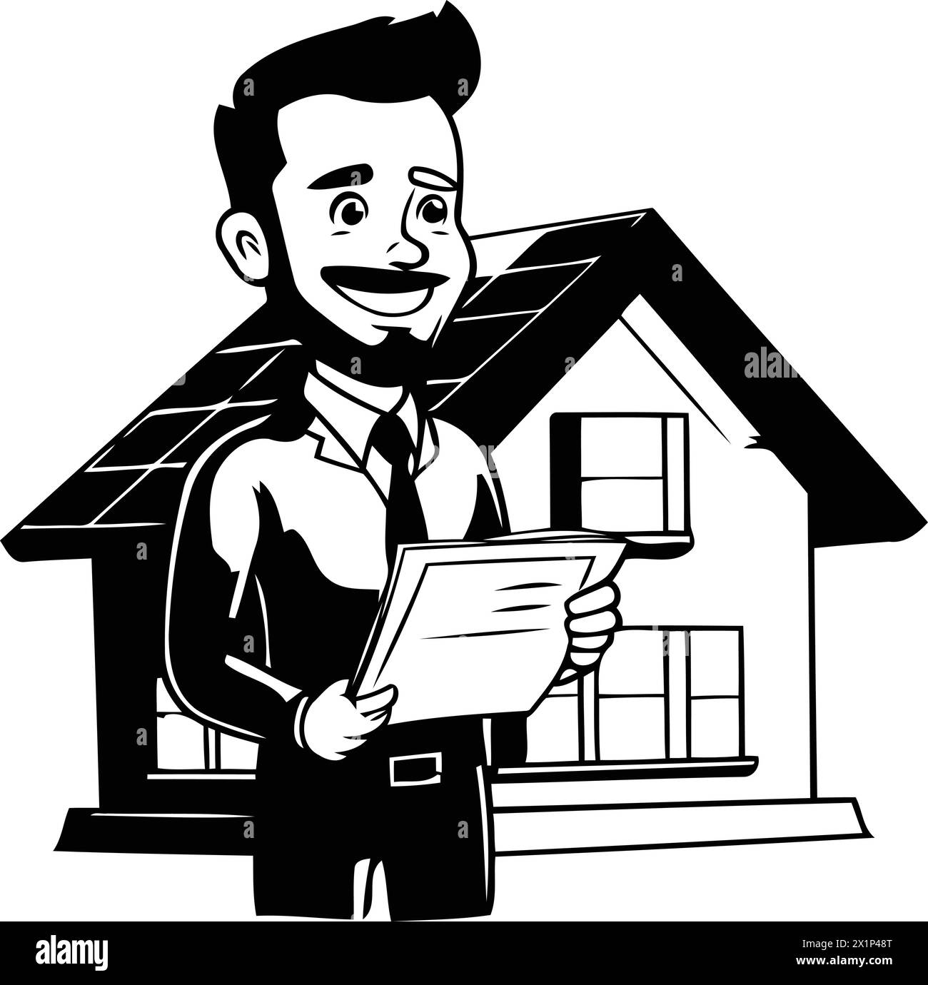 Real estate agent with house and solar panels. Vector cartoon illustration Stock Vector Image
