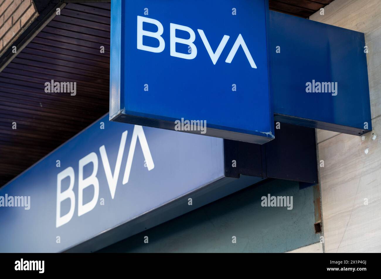 Spanish multinational Banco Bilbao Vizcaya Argentaria SA (BBVA) bank logo is seen outside a branch in Spain. Stock Photo