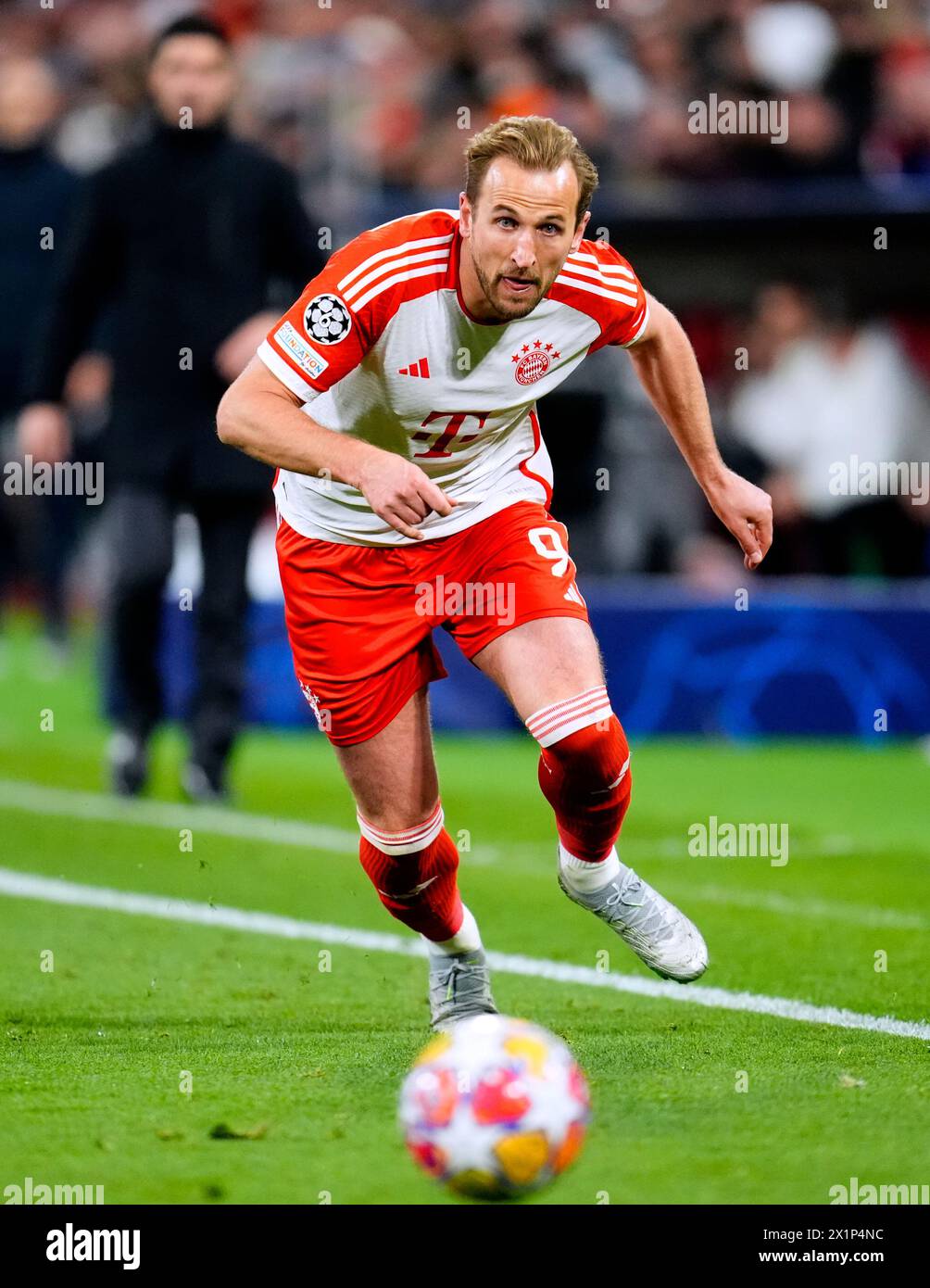 Bayern Munich's Harry Kane during the UEFA Champions League quarter-final, second leg match at the Allianz Arena, Munich. Picture date: Wednesday April 17, 2024. Stock Photo