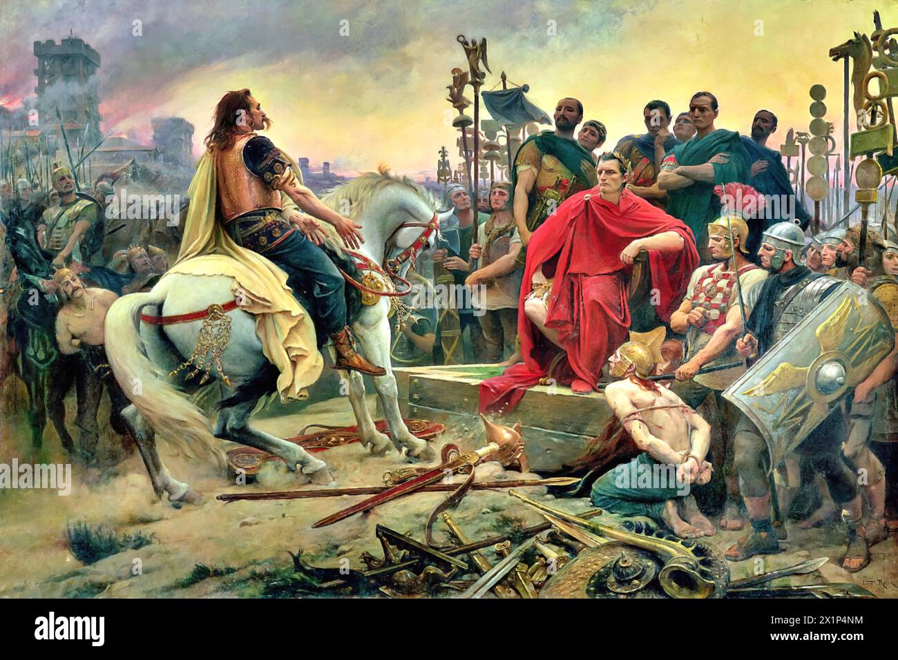 Vercingetorix throws his weapons at the feet of Julius Caesar, 1899 (Painting) by Artist Royer, Lionel Noel (1852-1926) French. Stock Vector