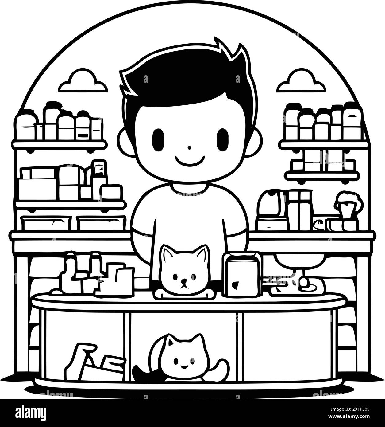 Cute boy and cat in the pet shop. Vector illustration. Stock Vector