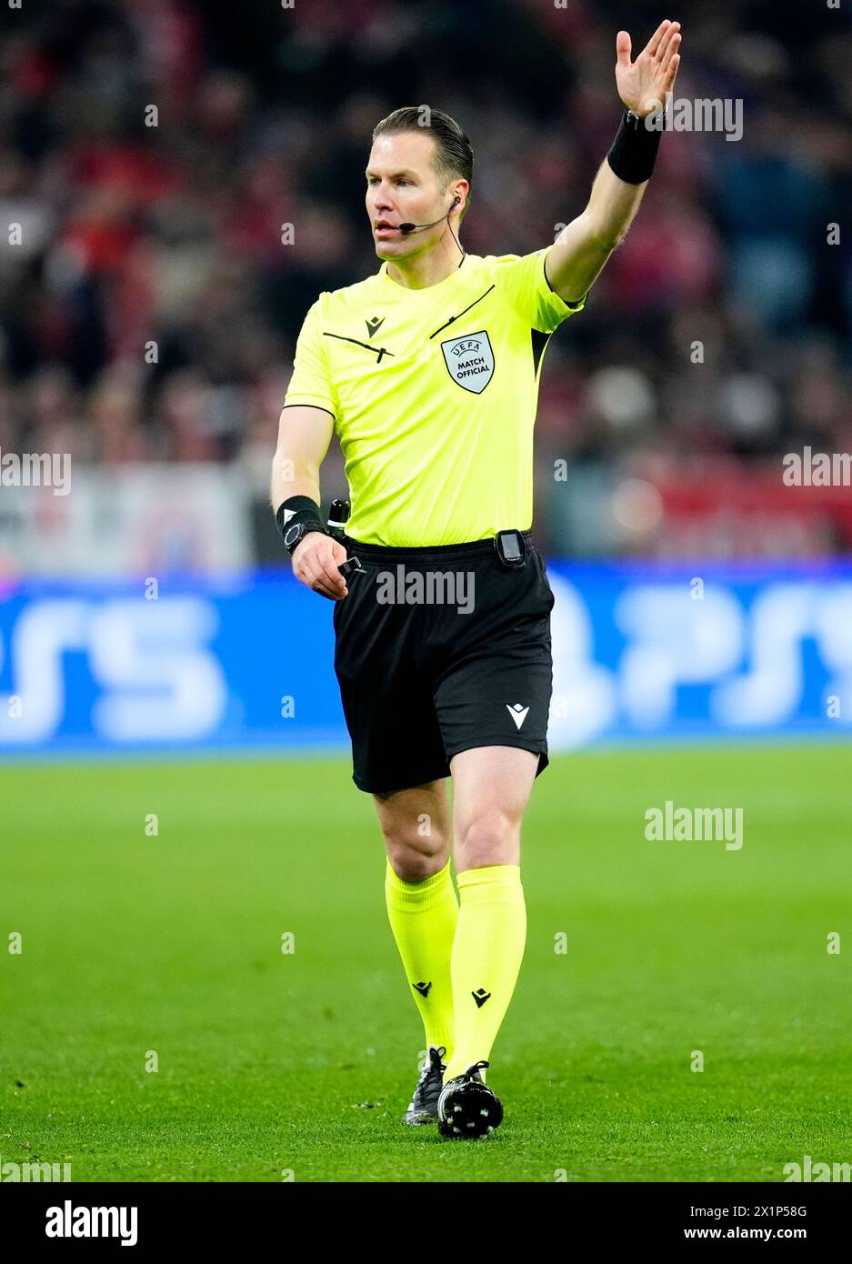 Referee Danny Makkelie during the UEFA Champions League quarter-final, second leg match at the Allianz Arena, Munich. Picture date: Wednesday April 17, 2024. Stock Photo