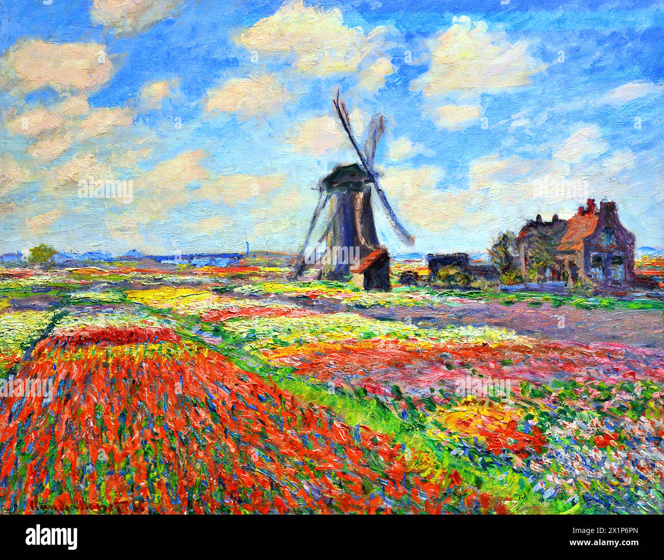 Tulip Fields with the Rijnsburg Windmill, 1886 (Painting) by Artist Monet, Claude (1840-1926) French. Stock Vector