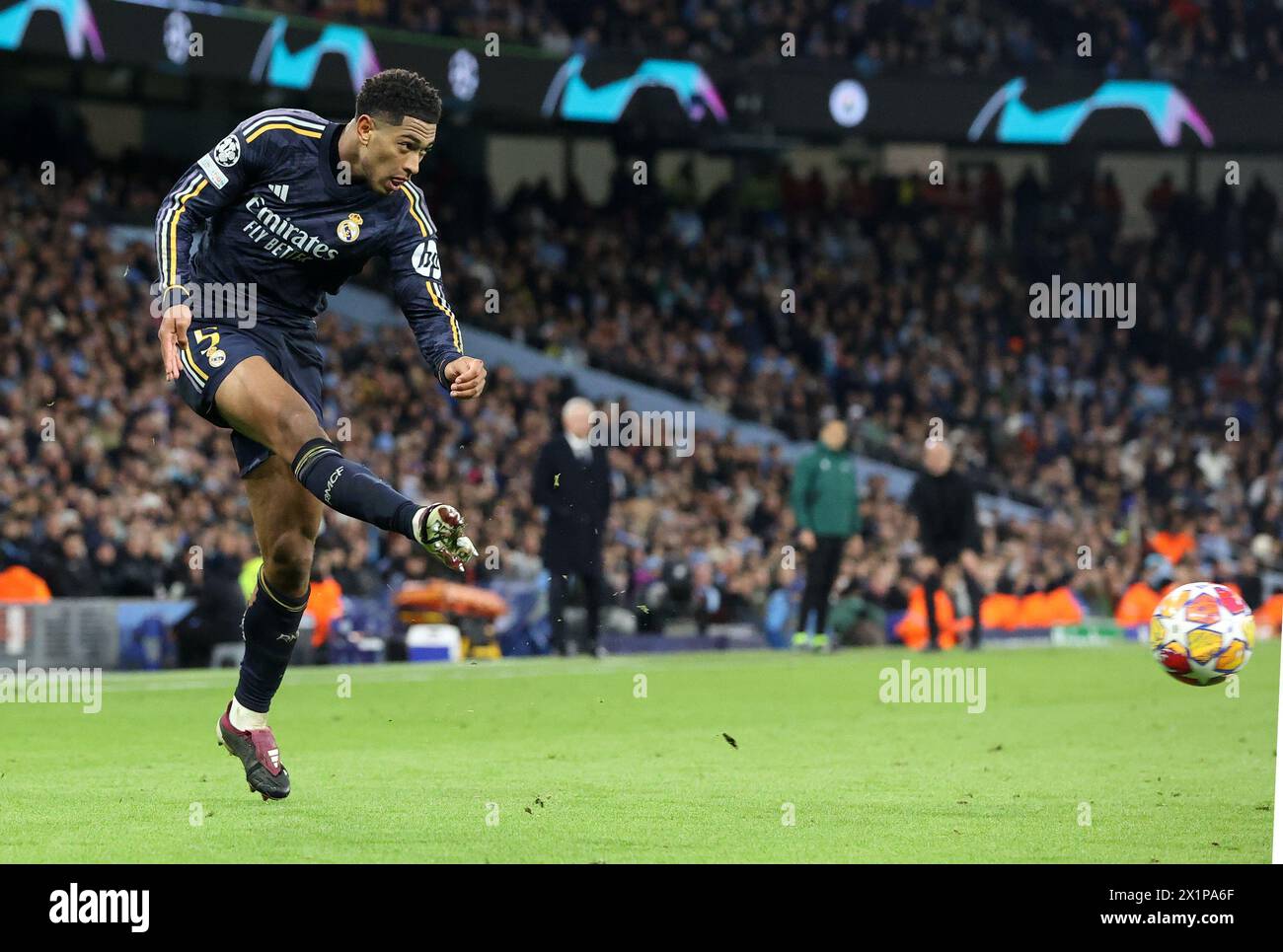 Etihad Stadium, Manchester, UK. 17th Apr, 2024. Champions League Football, Quarter Final, Manchester City versus Real Madrid; Jude Bellingham of Real Madrid crosses the ball Credit: Action Plus Sports/Alamy Live News Stock Photo