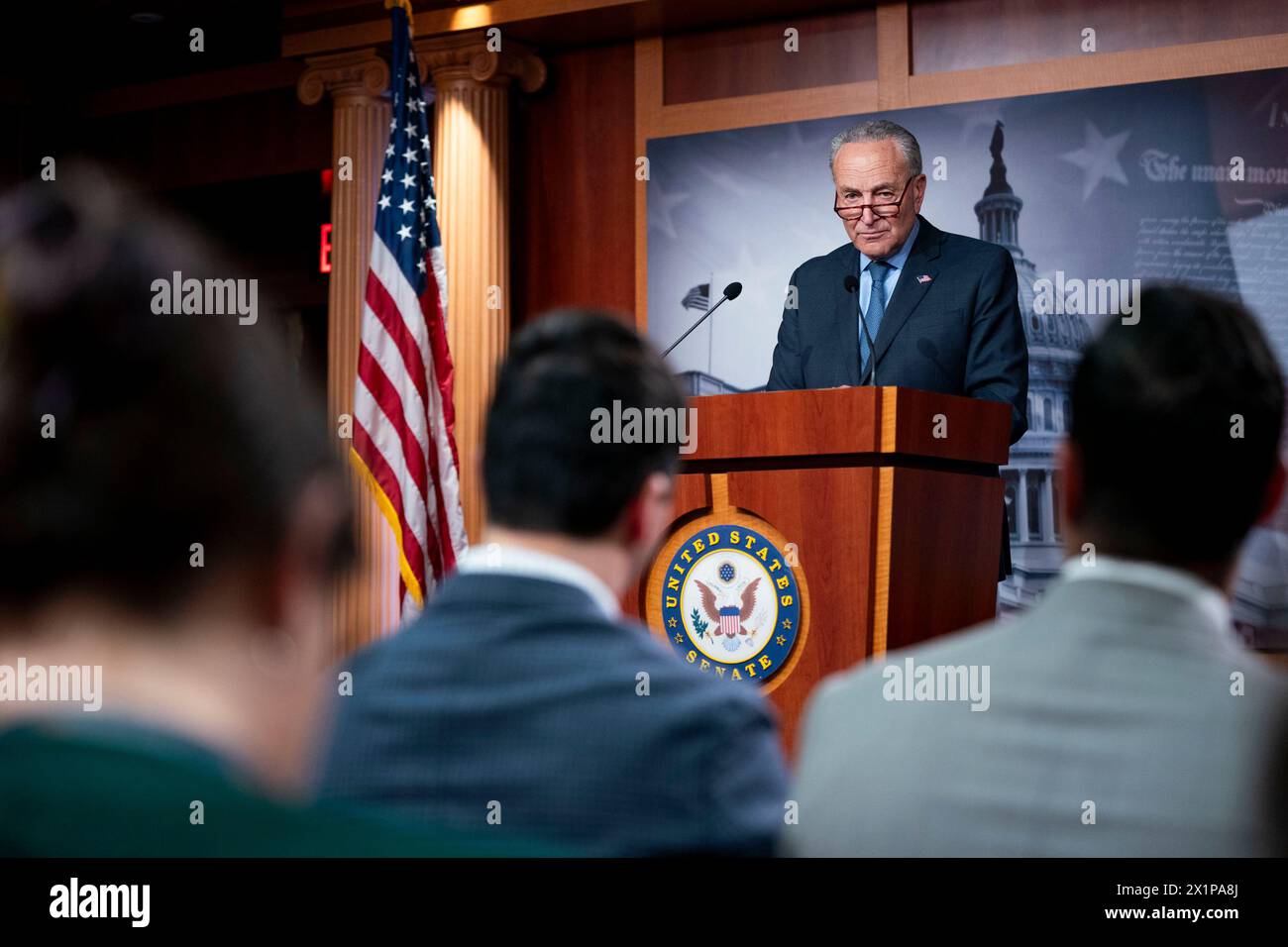 Washington, United States. 17th Apr, 2024. Senate Majority Leader Chuck Schumer, D-NY, speaks during a press conference after the Senate concluded impeachment proceedings against Secretary of Homeland Security Alejandro Mayorkas at the U.S. Capitol in Washington, DC on Wednesday, April 17, 2024. The Senate, which voted along party lines, dismissed the two charges accusing Mayorkas of failing to enforce immigration laws and breaching the public trust as unconstitutional because they did not meet the bar of a high crime or misdemeanor. Photo by Bonnie Cash/UPI. Credit: UPI/Alamy Live News Stock Photo