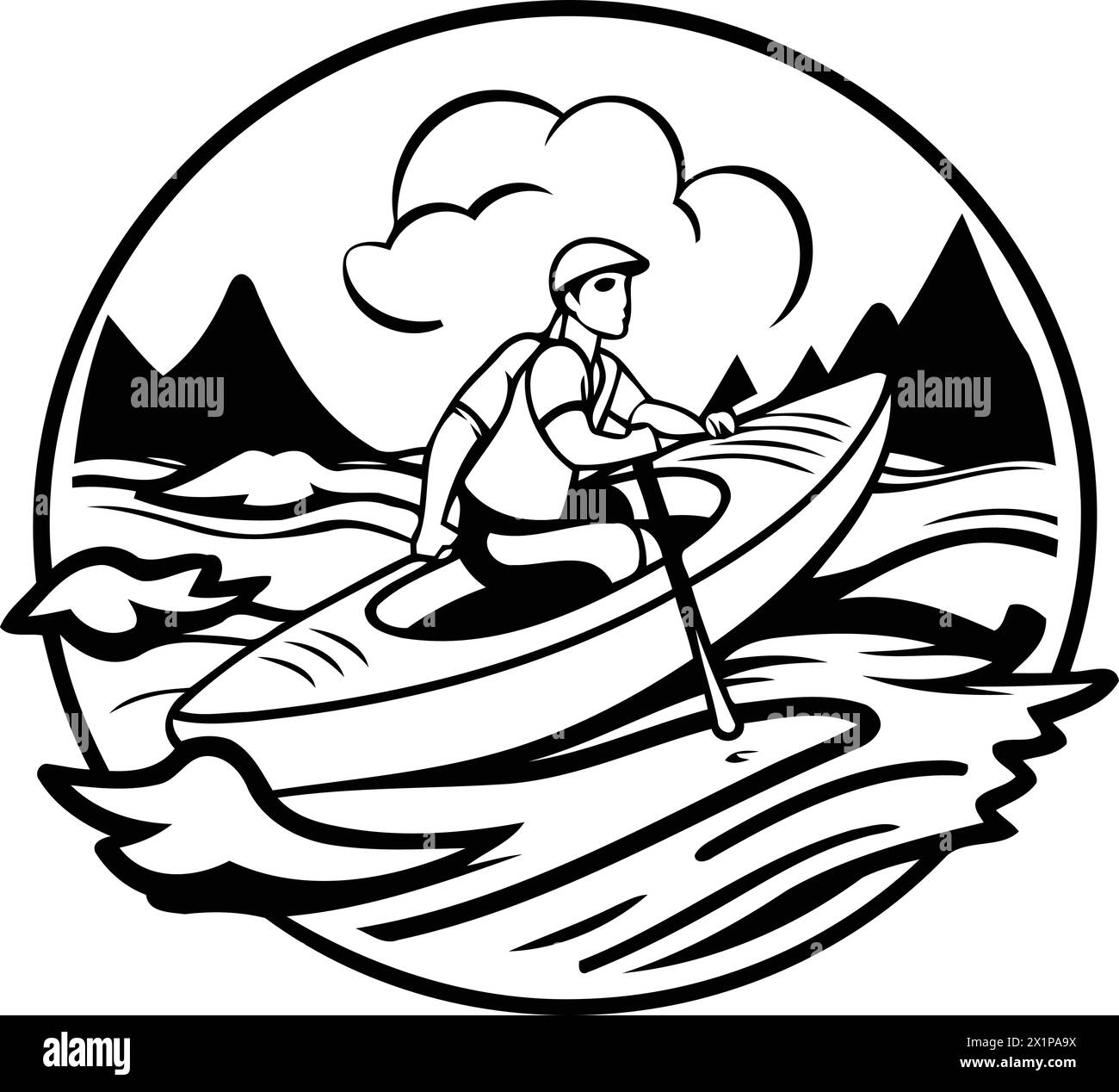 Vector illustration of a man kayaking on a mountain river viewed from side set inside circle on isolated background done in retro style. Stock Vector