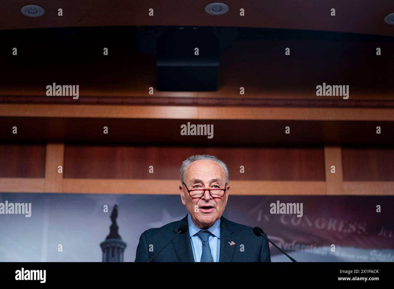 Washington, United States. 17th Apr, 2024. Senate Majority Leader Chuck Schumer, D-NY, speaks during a press conference after the Senate concluded impeachment proceedings against Secretary of Homeland Security Alejandro Mayorkas at the U.S. Capitol in Washington, DC on Wednesday, April 17, 2024. The Senate, which voted along party lines, dismissed the two charges accusing Mayorkas of failing to enforce immigration laws and breaching the public trust as unconstitutional because they did not meet the bar of a high crime or misdemeanor. Photo by Bonnie Cash/UPI. Credit: UPI/Alamy Live News Stock Photo